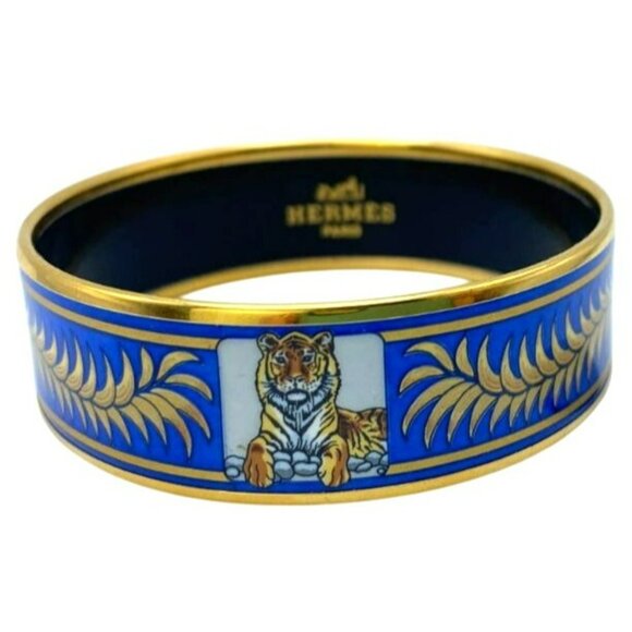 Hermes Tiger Bangle Bracelet Cloisonne Enamel Blue Gold Vintage Size 65 RARE! - Picture 7 of 9
